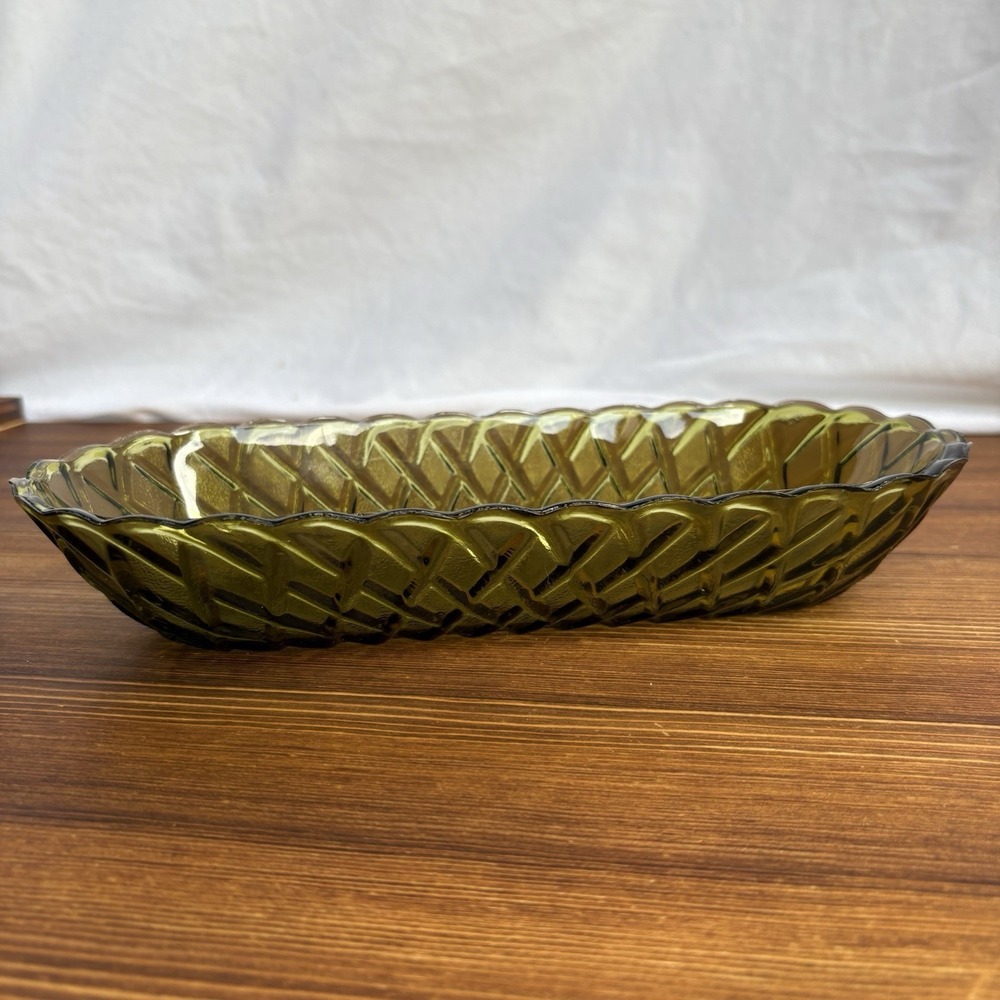 Vintage Indiana Glass Avocado Green Basket Weave Celery Relish Dish